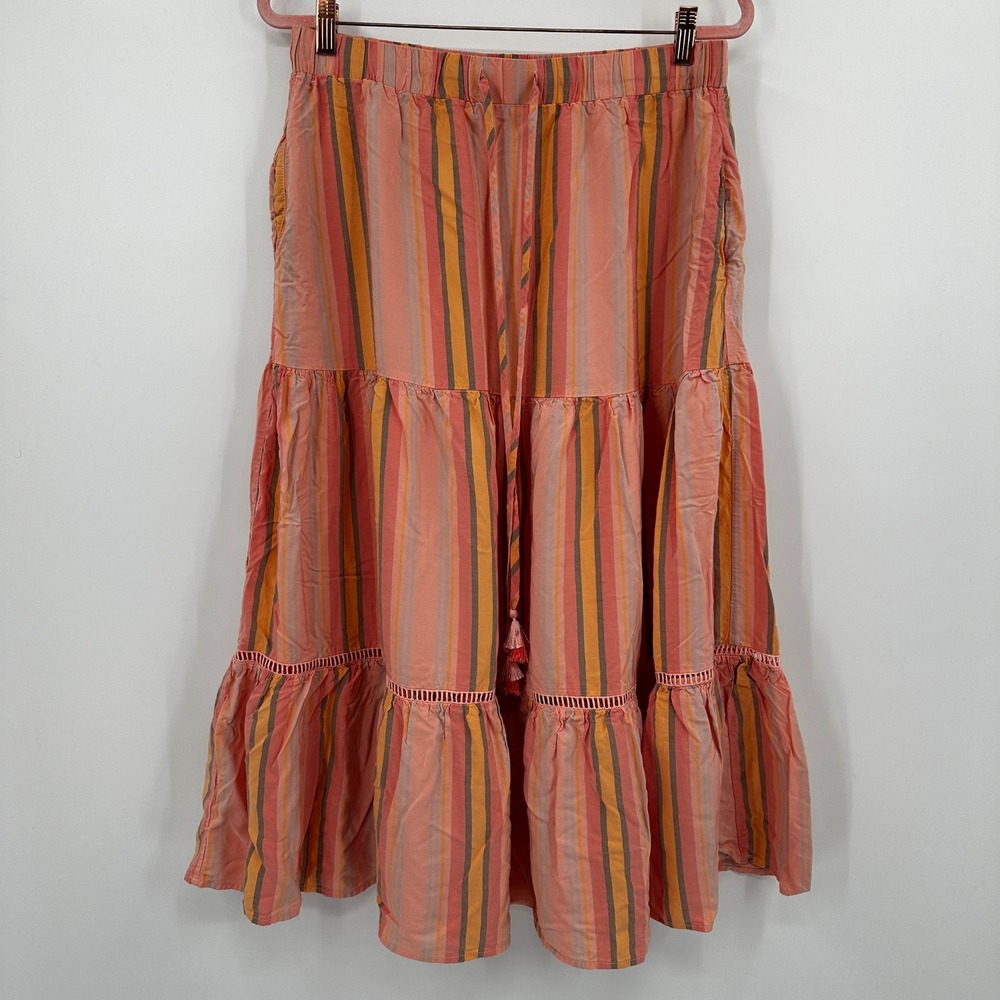 Matilda Jane Womens Large Striped Tiered Maxi Skirt Pink Orange Boho Rayon Large